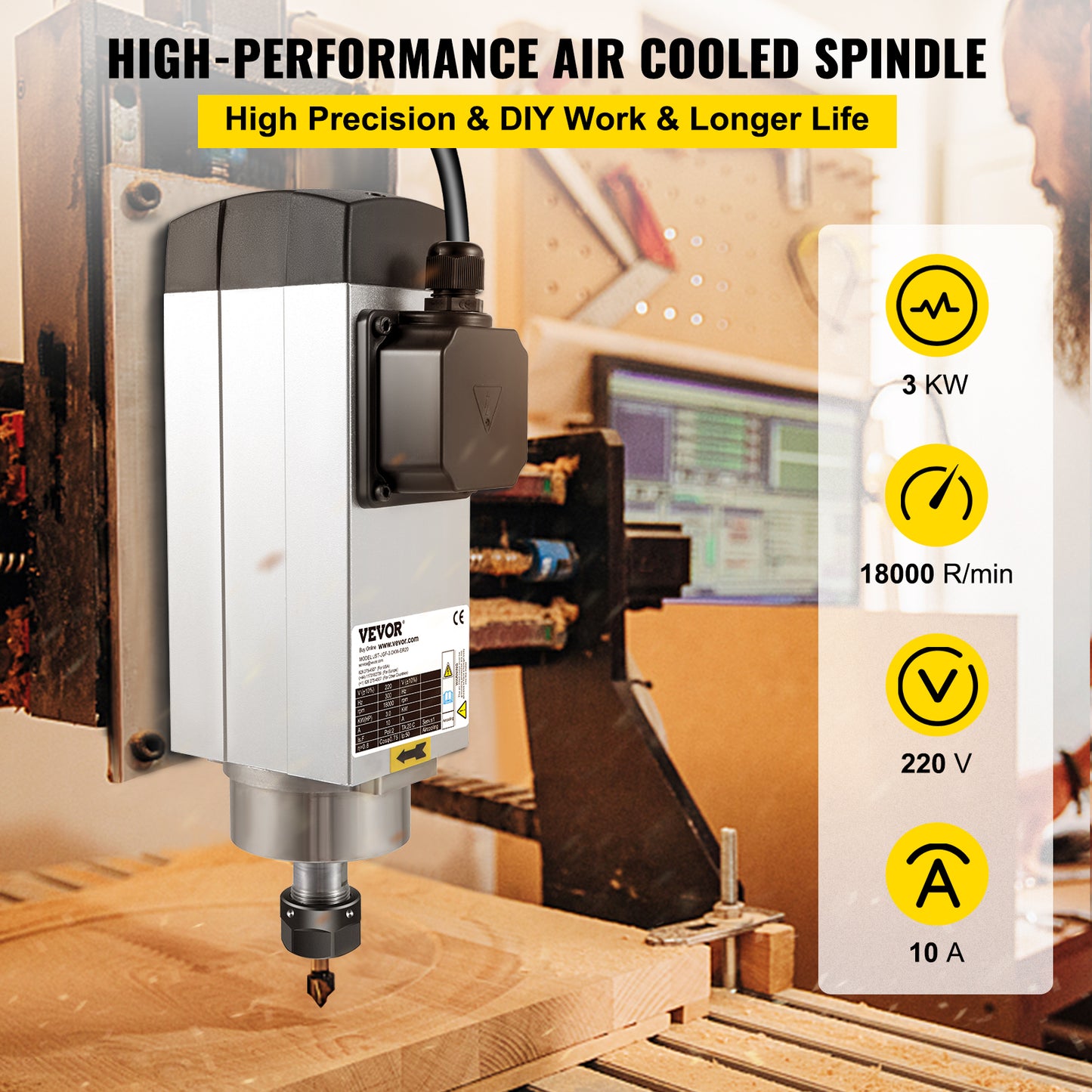 Moteur de broche refroidi par air 3KW ER20 18000 tr/min, accessoire de fraiseuse CNC