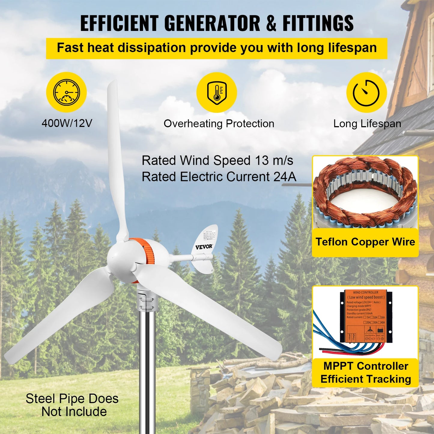 Wind Turbine Generator 12V AC 300W-500W, VEVOR 400W, 3 Blades, MPPT Controller, Auto Adjust, Home Use, White, Standard Size