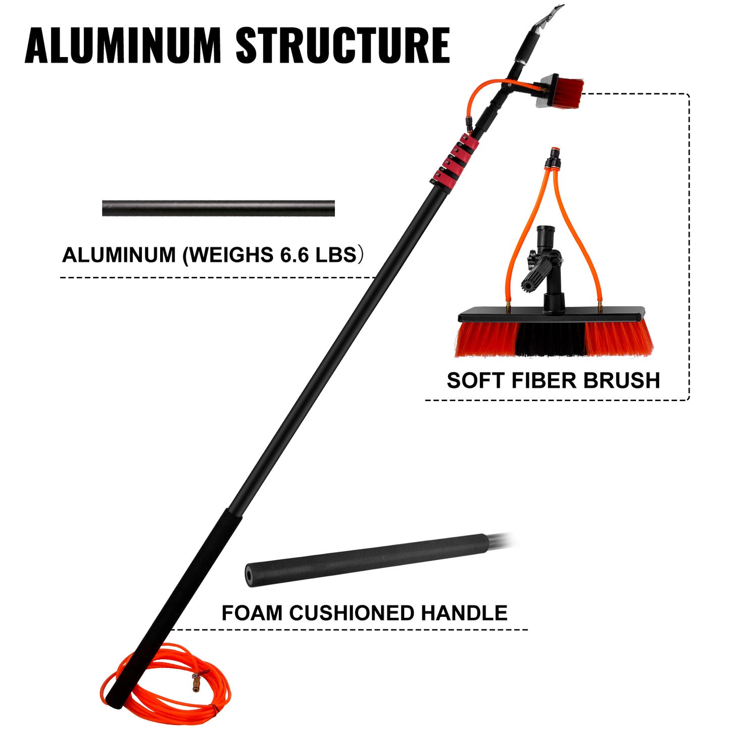 24ft Water Fed Pole Kit w/Brush & Squeegee, Aluminum Water Fed Cleaning System, Outdoor Window Cleaner.