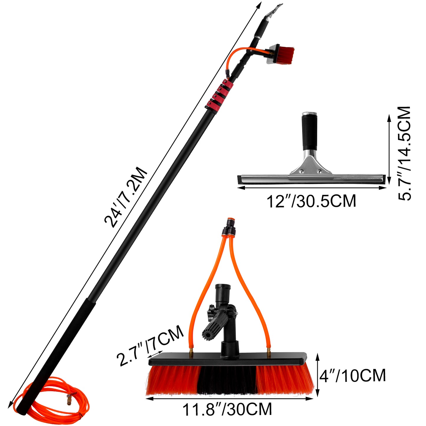 24ft Water Fed Pole Kit w/Brush & Squeegee, Aluminum Water Fed Cleaning System, Outdoor Window Cleaner.