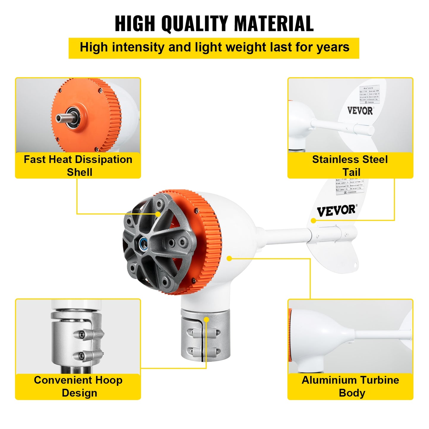 Wind Turbine Generator, 12V, 400W, MPPT Controller, 3 Blades, White