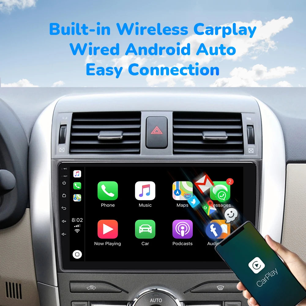 Wireless Speakers  Carplay Android 12 AI Voice Player Toyota Corolla E140 E150 2006-2013 Wifi GPS Navigation DSP S1 OBD Cam 8G 128G Black