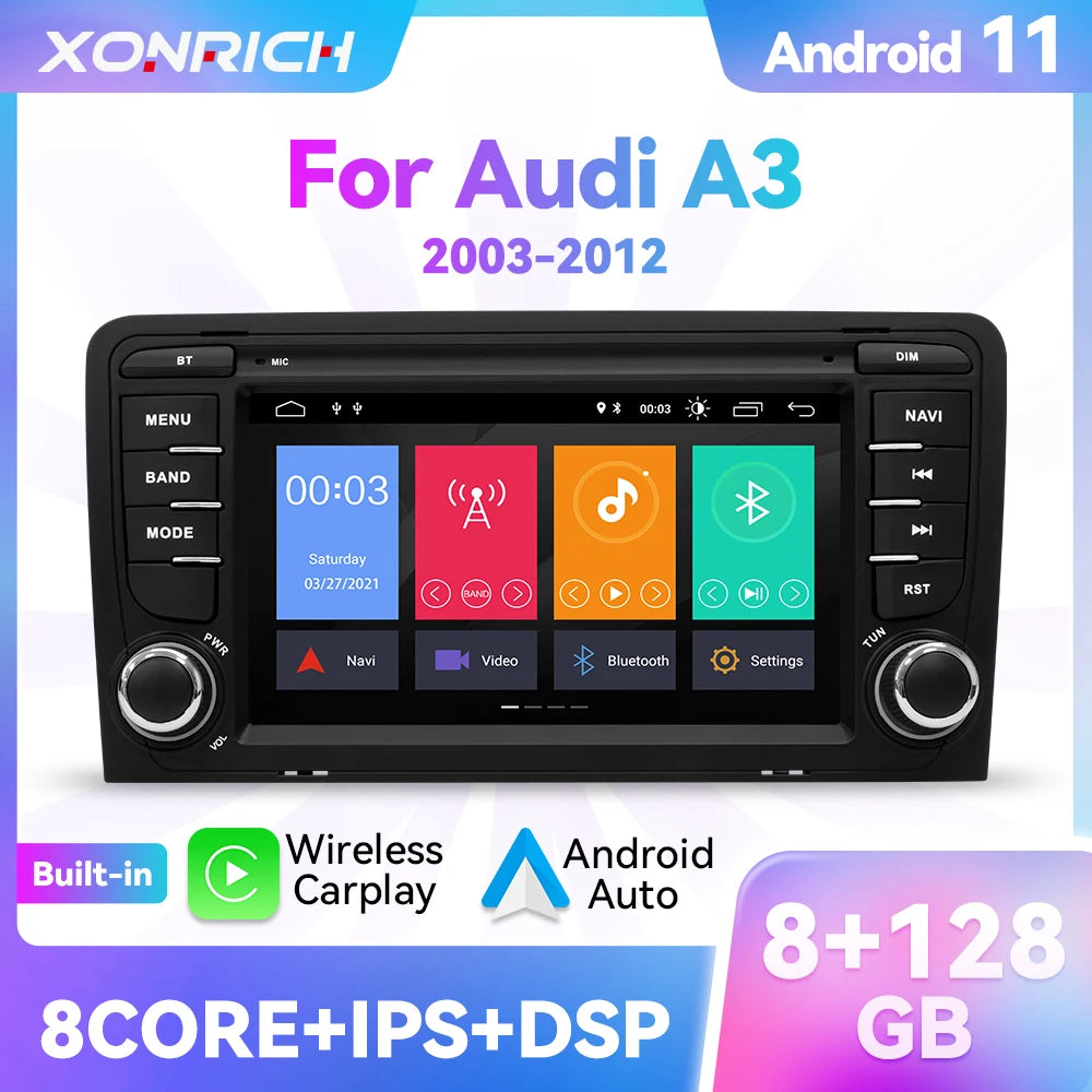 Autoradio Android Carplay sans fil Audi A3 8P 2003-2013 multimédia GPS 4G Wifi RDS DVD 4 cœurs 2 go 32 go noir 2 Din