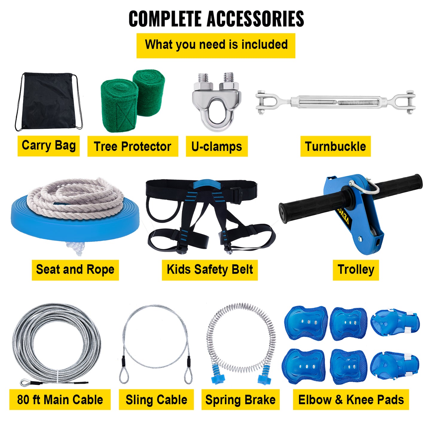 Zip Line Kit, VV-YDS-80FT250LBS, Stainless, Swing Seat, Brake, 80ft, Blue