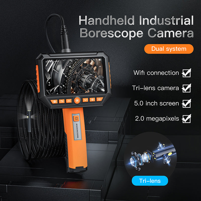 1080P 8mm Triple Lens WiFi Endoscope Camera, 5" IPS LCD, CE, 6 LED, 10M Hard Cable, 4400mAh Battery